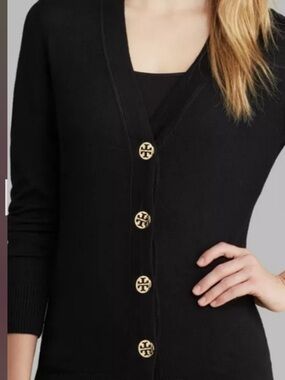 Tory Burch Simone Black V-Neck Cardigan Gold Logo Button Sweater Size M